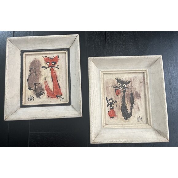 Mid Century Atomic Cat Hand Painted Framed Art Whimsical Cool Cats 7.5x 8.5 x1.5 - Picture 1 of 11
